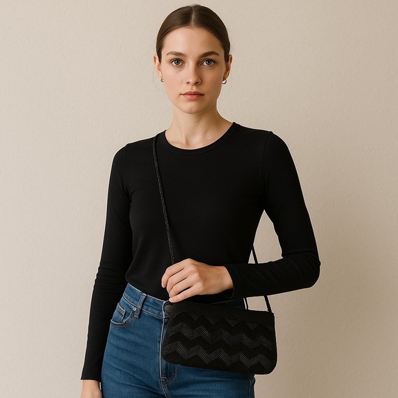 Vintage 1960s Black Beaded Zigzag Shoulder Bag – Handmade Hong Kong - Picture 2 of 13